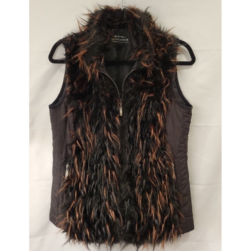 MontanaCo Faux Fur Women's‎ Full Zip Vest Quilted Brown Black Size Small Western